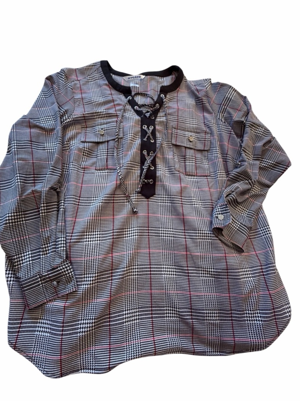 Nygard Checked Design Blouse-Plus Size-2X-Lace up front-Front Chest pockets